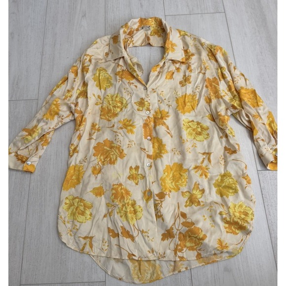 Free People Tops - Free People Silk Button Down Shirt Sz S Floral Yellow Open Back